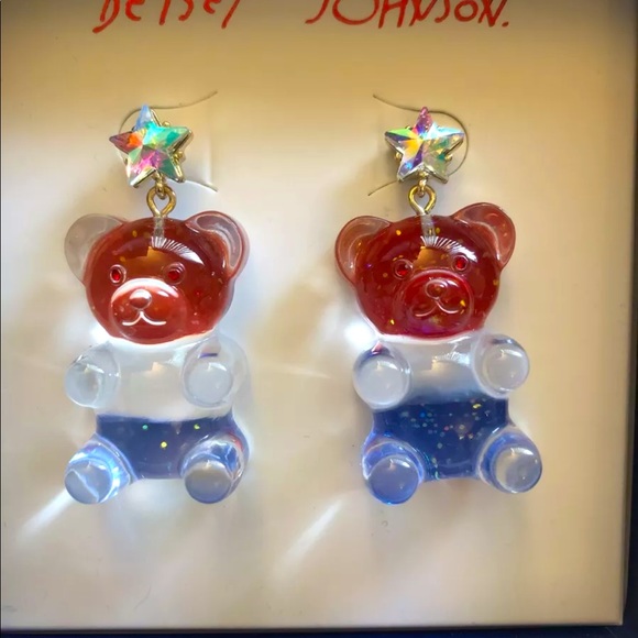 Betsey Johnson Acrylic Red, White & Blue Gummy Bear Drop Earrings NIB - Picture 2 of 9